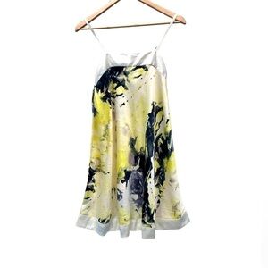 VILA splash print pattern yellow black satin effect a line dress